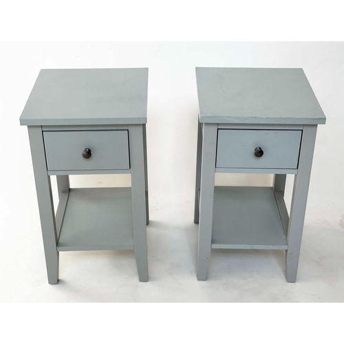 184 - BEDSIDE/LAMP TABLES, a pair, grey painted each with single drawer, 32cm W x 35cm D x 56cm H. (2)