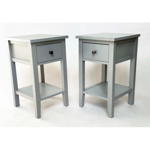 184 - BEDSIDE/LAMP TABLES, a pair, grey painted each with single drawer, 32cm W x 35cm D x 56cm H. (2)