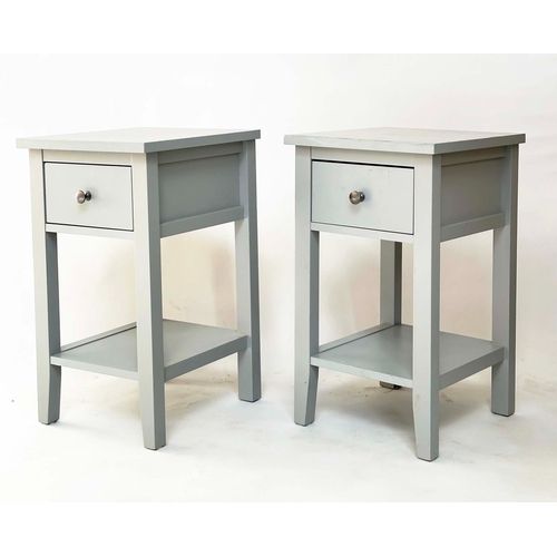 184 - BEDSIDE/LAMP TABLES, a pair, grey painted each with single drawer, 32cm W x 35cm D x 56cm H. (2)