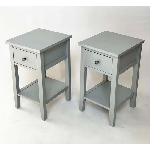 184 - BEDSIDE/LAMP TABLES, a pair, grey painted each with single drawer, 32cm W x 35cm D x 56cm H. (2)