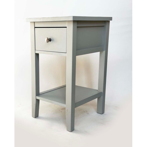 184 - BEDSIDE/LAMP TABLES, a pair, grey painted each with single drawer, 32cm W x 35cm D x 56cm H. (2)