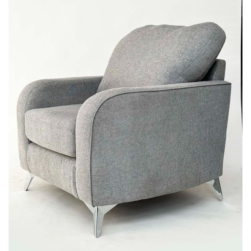 185 - ARMCHAIR, contemporary grey fabric upholstered with chromed supports, 90cm W.