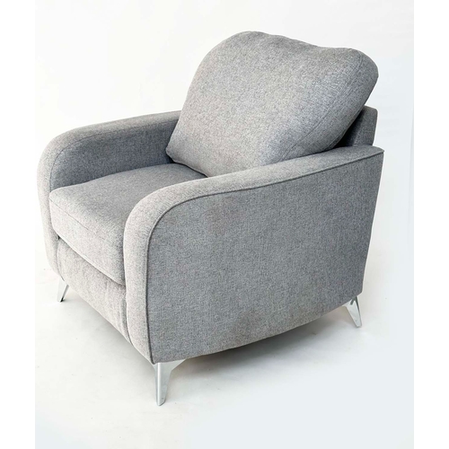 185 - ARMCHAIR, contemporary grey fabric upholstered with chromed supports, 90cm W.