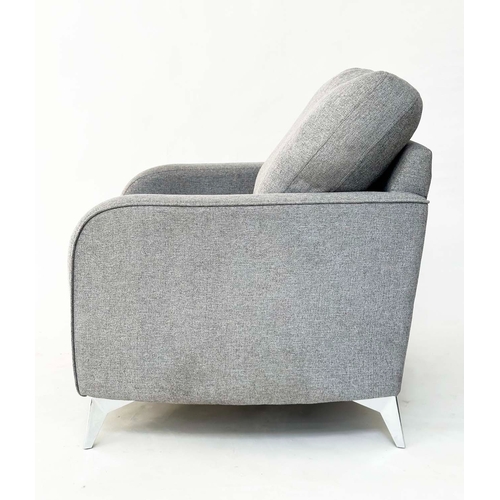 185 - ARMCHAIR, contemporary grey fabric upholstered with chromed supports, 90cm W.