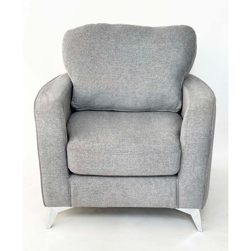 185 - ARMCHAIR, contemporary grey fabric upholstered with chromed supports, 90cm W.