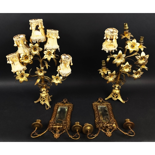 22 - A PAIR OF GILT METAL TABLE LAMPS, French taste, together with a pair of small girandoles. (4)