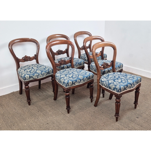 226 - A SET OF SIX VICTORIAN MAHOGANY BALLOON BACK DINING CHAIRS, blue and white stylised foliage upholste... 