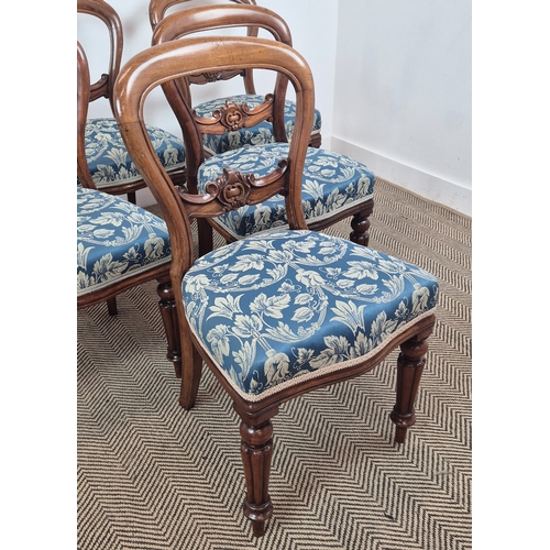 226 - A SET OF SIX VICTORIAN MAHOGANY BALLOON BACK DINING CHAIRS, blue and white stylised foliage upholste... 