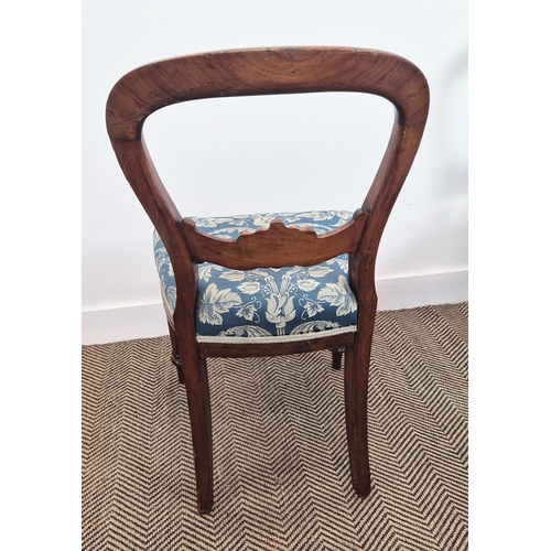 226 - A SET OF SIX VICTORIAN MAHOGANY BALLOON BACK DINING CHAIRS, blue and white stylised foliage upholste... 