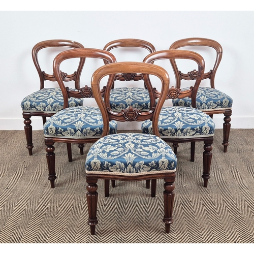 226 - A SET OF SIX VICTORIAN MAHOGANY BALLOON BACK DINING CHAIRS, blue and white stylised foliage upholste... 