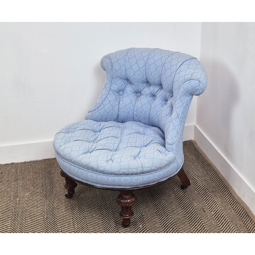 229 - A VICTORIAN WALNUT NURSING CHAIR, circa 1880, deep buttoned blue upholstered seat and back, turned f... 