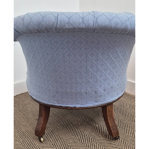 229 - A VICTORIAN WALNUT NURSING CHAIR, circa 1880, deep buttoned blue upholstered seat and back, turned f... 