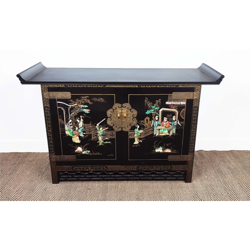 271 - SIDE CABINET, Chinese, with applied detail, 142cm W x 50cm D x 89cm H.