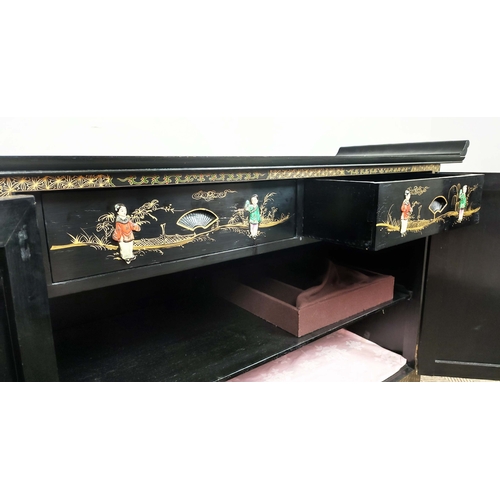 271 - SIDE CABINET, Chinese, with applied detail, 142cm W x 50cm D x 89cm H.