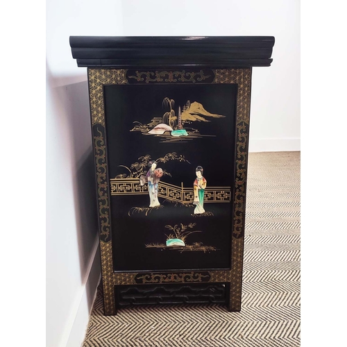 271 - SIDE CABINET, Chinese, with applied detail, 142cm W x 50cm D x 89cm H.