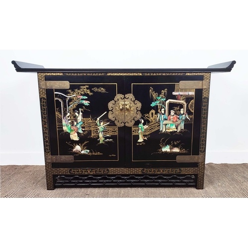 271 - SIDE CABINET, Chinese, with applied detail, 142cm W x 50cm D x 89cm H.