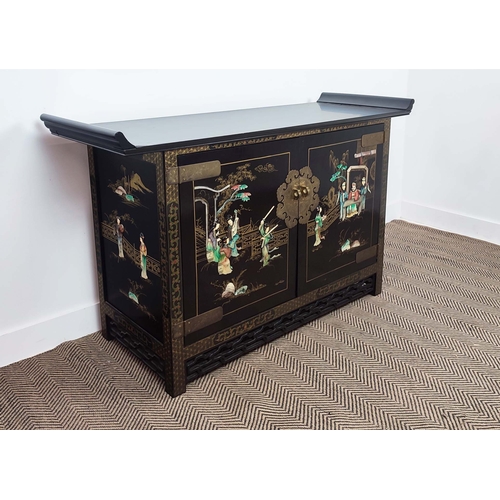 271 - SIDE CABINET, Chinese, with applied detail, 142cm W x 50cm D x 89cm H.