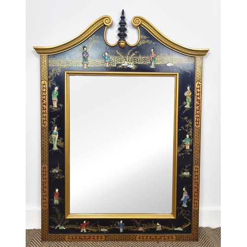 272 - WALL MIRROR, Chinese design with applied figural detail, 92cm W x 129cm H.