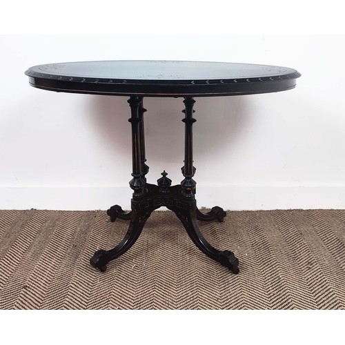 275 - OCCASIONAL TABLE, by Druce & Co, Victorian aesthetic ebonised and gilt incised with oval top and cas... 