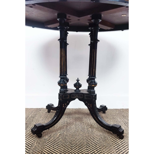 275 - OCCASIONAL TABLE, by Druce & Co, Victorian aesthetic ebonised and gilt incised with oval top and cas... 