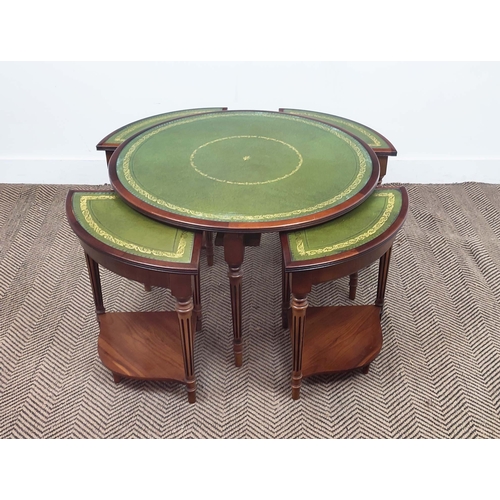 299 - NEST OF TABLES, yewwood with circular green leather and inset glass top above four quadrant tables, ... 