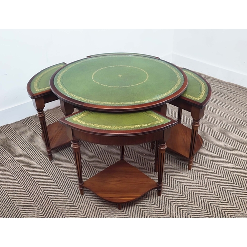 299 - NEST OF TABLES, yewwood with circular green leather and inset glass top above four quadrant tables, ... 