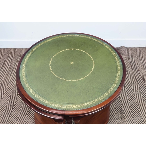 299 - NEST OF TABLES, yewwood with circular green leather and inset glass top above four quadrant tables, ... 