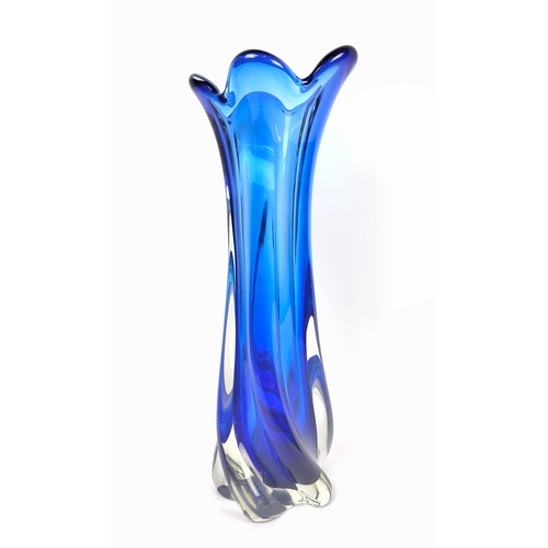 9 - A MURANO STYLE BLUE GLASS VASE, late 20th century, lobed decoration, polished pontil mark to undersi... 