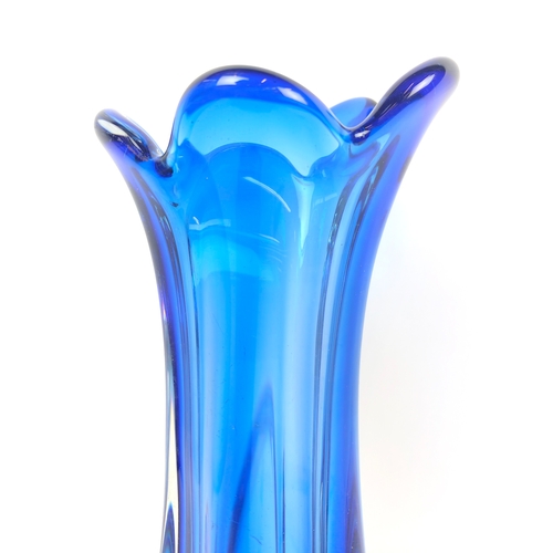 9 - A MURANO STYLE BLUE GLASS VASE, late 20th century, lobed decoration, polished pontil mark to undersi... 