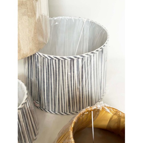 139 - LAMP SHADES, five pairs, including blue stripe, gold pleated and drum linen, 12