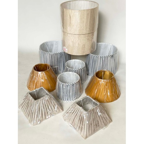 139 - LAMP SHADES, five pairs, including blue stripe, gold pleated and drum linen, 12