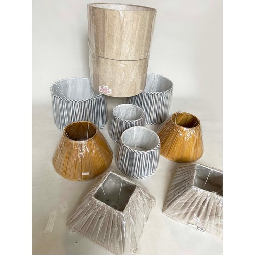 139 - LAMP SHADES, five pairs, including blue stripe, gold pleated and drum linen, 12