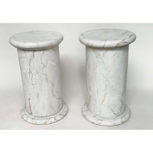 177 - COLUMNS, a pair, vintage neo-classical faux marble with circular tops and plinths, 38cm W x 66cm H. ... 