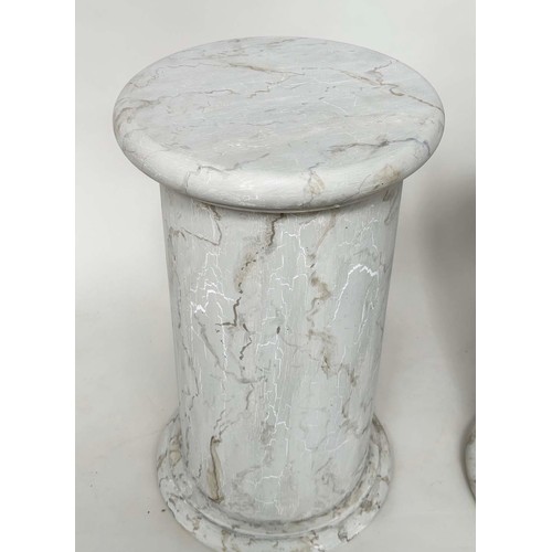 177 - COLUMNS, a pair, vintage neo-classical faux marble with circular tops and plinths, 38cm W x 66cm H. ... 