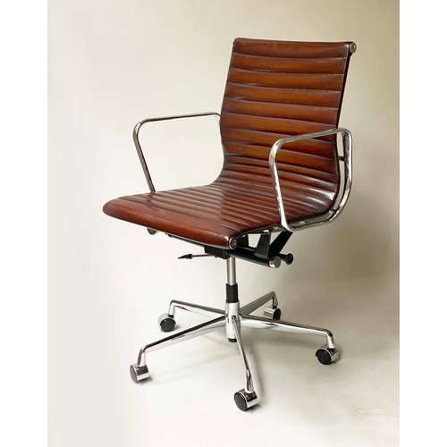 183 - REVOLVING DESK CHAIR, after Charles and Ray Eames Aluminium Group style, with hand finished ribbed t... 