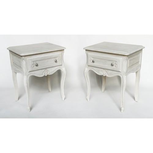 134 - BEDSIDE/LAMP TABLES, a pair, French Louis XV style traditionally grey painted each with frieze drawe... 