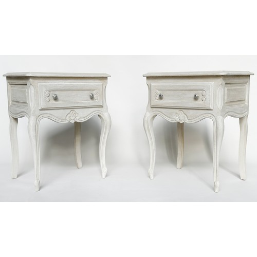 134 - BEDSIDE/LAMP TABLES, a pair, French Louis XV style traditionally grey painted each with frieze drawe... 