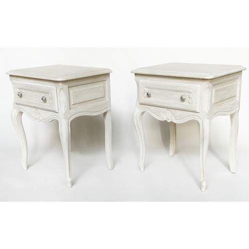 134 - BEDSIDE/LAMP TABLES, a pair, French Louis XV style traditionally grey painted each with frieze drawe... 