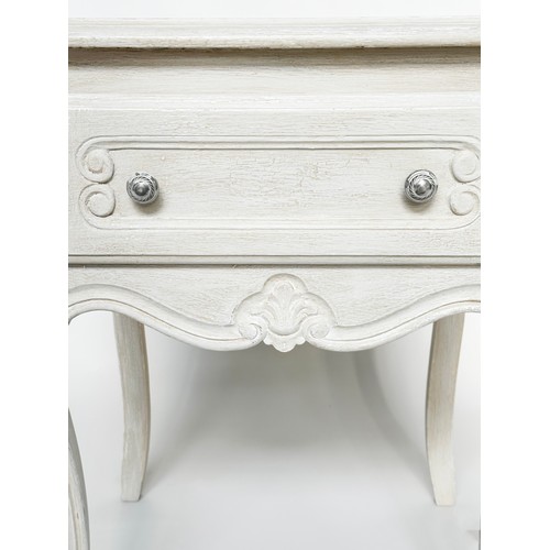 134 - BEDSIDE/LAMP TABLES, a pair, French Louis XV style traditionally grey painted each with frieze drawe... 