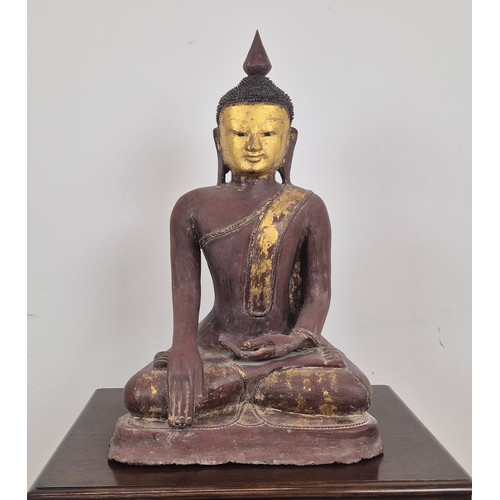 413 - BUDDHA, resin with gilt detail, antiqued finish, 79cm H.