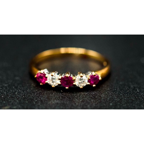 36 - 9CT YELLOW GOLD LINEAR-SET 5-STONE RUBY AND DIAMOND RING, boxed. R/C rubies 0.30ct approx. RBC diamo... 