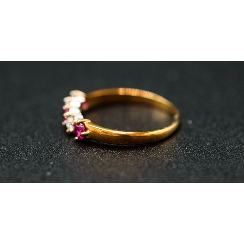 36 - 9CT YELLOW GOLD LINEAR-SET 5-STONE RUBY AND DIAMOND RING, boxed. R/C rubies 0.30ct approx. RBC diamo... 