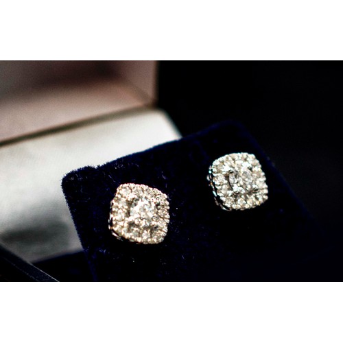 41 - PAIR OF 14CT WHITE GOLD ROUNDED SQUARE DIAMOND CLUSTER STUD EARRINGS, boxed. RBC diamonds 1.00ct.