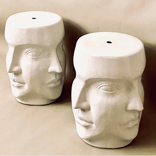 375 - BARREL STOOLS, a pair, surrealist style design, glazed ceramic, 44cm x 38cm x 38cm. (2)