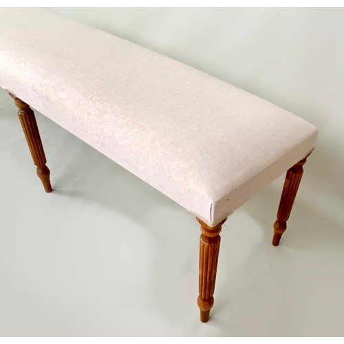 380 - HALL SEAT, neutral linen upholstery, six supports, 47cm x 160cm x 46cm.