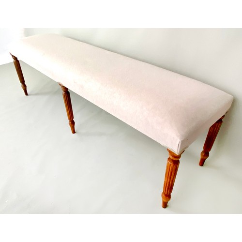 380 - HALL SEAT, neutral linen upholstery, six supports, 47cm x 160cm x 46cm.