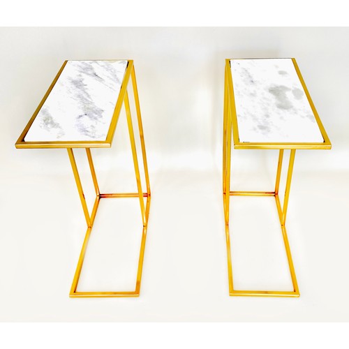 381 - SIDE TABLES, a pair, gilt metal and white marble, 60cm x 46cm x 22cm. (2)