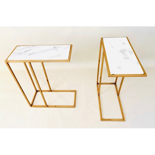 381 - SIDE TABLES, a pair, gilt metal and white marble, 60cm x 46cm x 22cm. (2)