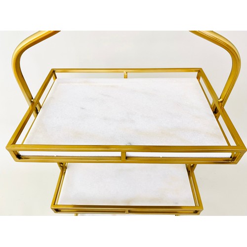 382 - TABLE ETAGERE, three tier, gilt metal and marble, 85cm x 41cm x 25cm.