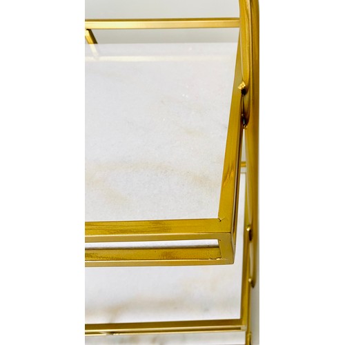 382 - TABLE ETAGERE, three tier, gilt metal and marble, 85cm x 41cm x 25cm.